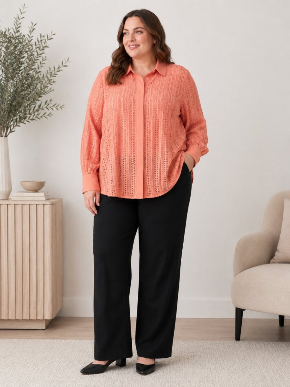 Wynne Collection Open Knit Button Front Blouse Women’s Plus 2X Coral Coral/Pink